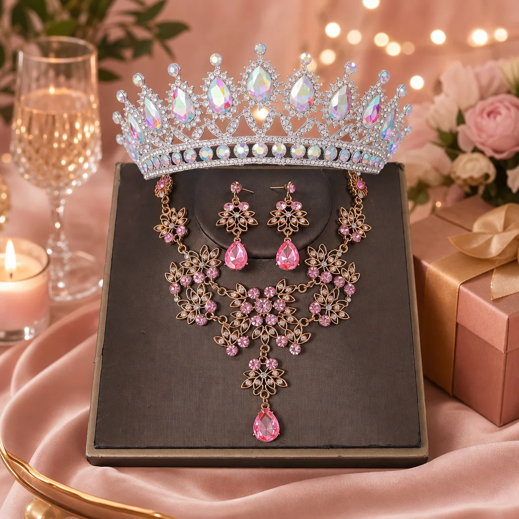 Girls Crown Jewelry Set Bridal Wedding Party Accessories Elegant Rhinestone Tiara Necklace Earrings for Stage Performance