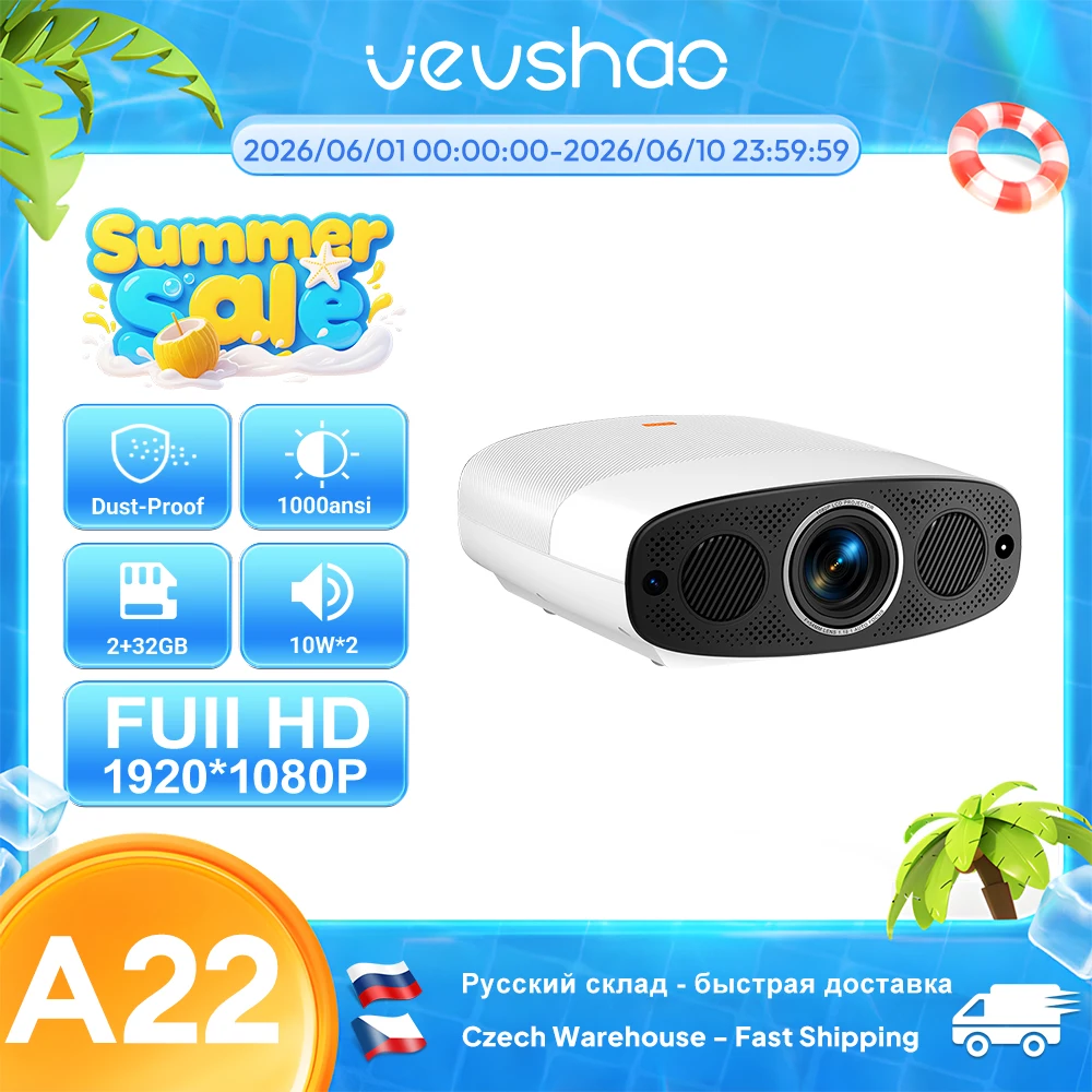 VEVSHAO A22 Full HD 1080P Projector 4K 1000ANSI Android WiFi Auto Focus 10W*2 Home Theater Projector for Office Meeting Video