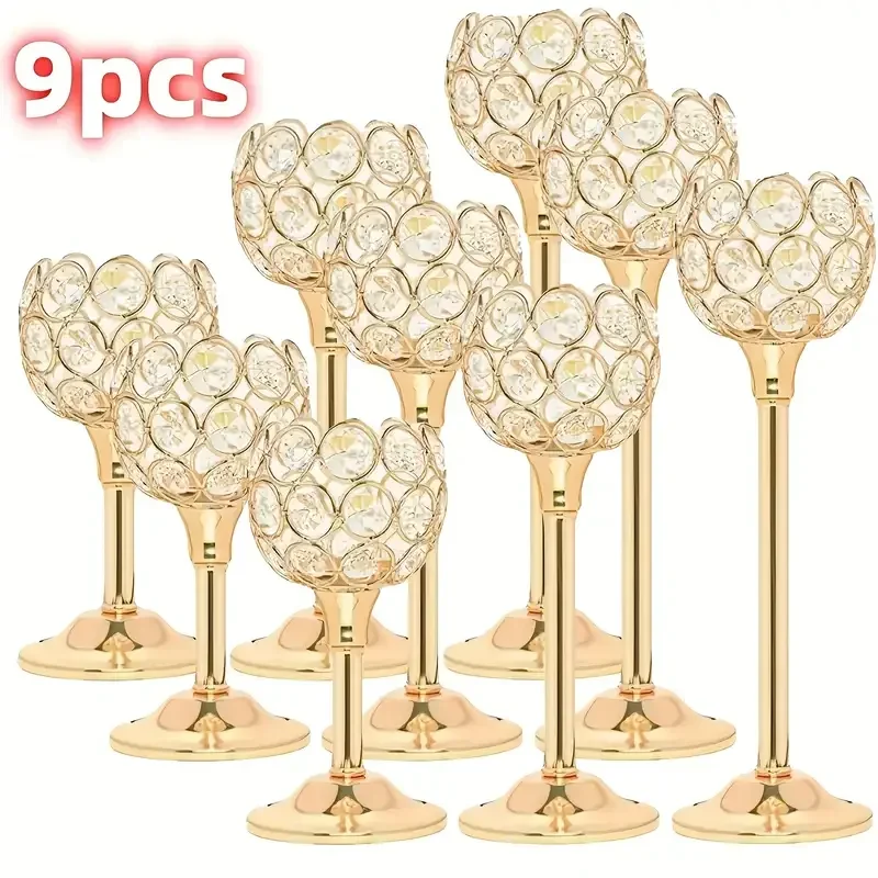 9pcs Golden Crystal Ball Metal Night Light Candle Holders Shiny Bowl Candleholder High Crystal Candle Holder Elegant Table Decor