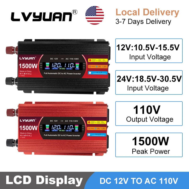 

Portable Car Power Inverter Charger Converter Adapter US Socket DC 12V to AC 110V 1500W Power Solar Car Inverters LCD Display