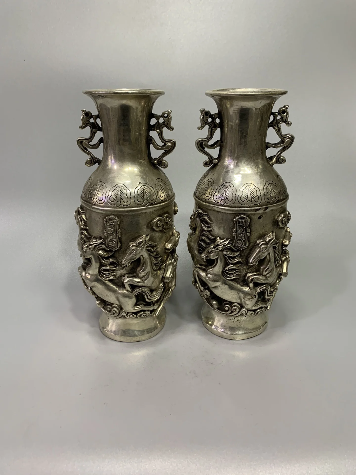 Old Bronze Gilded Silver Eight Steed Pattern Dragon Ear Vase Big mouth Bottle A Pair Amass wealth Ornaments Town house