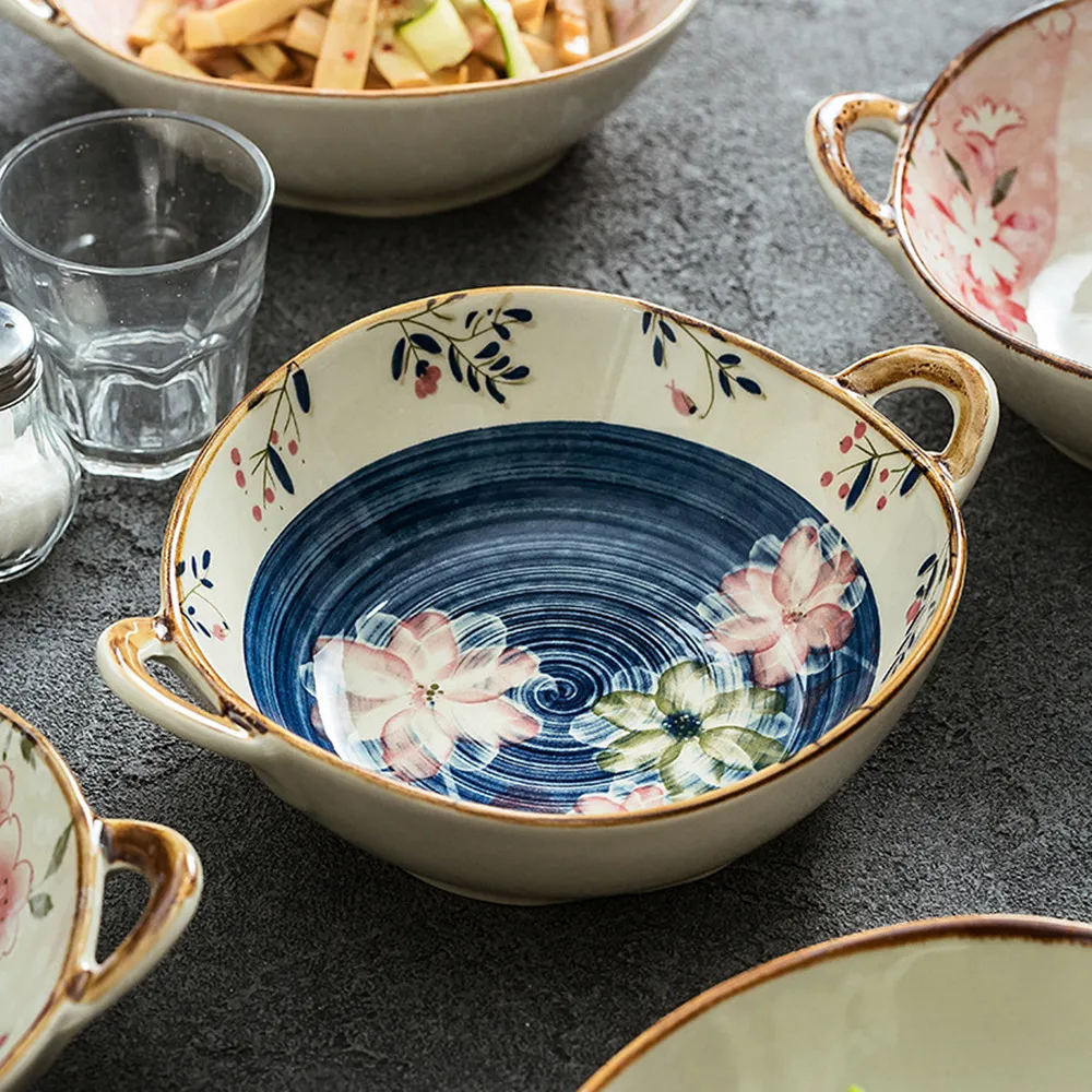 

Japanese Style Ceramic Salad Bowl with Handles Flower Shaped Soup Bowls for Cereal, Pasta, Chilli, Beef Stew