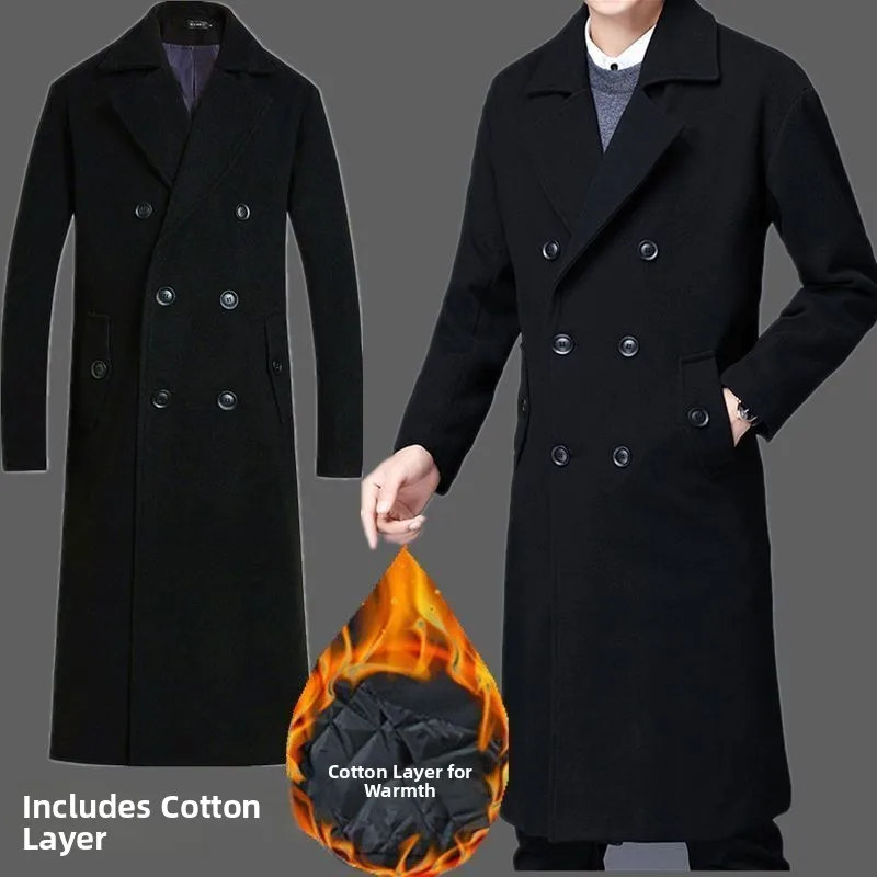 

Men's Long Over-Knee Cotton-Enhanced Woolen Coat Loose Suit Collar Double-Row Button Autumn Winter New Sle Warm Outerwear