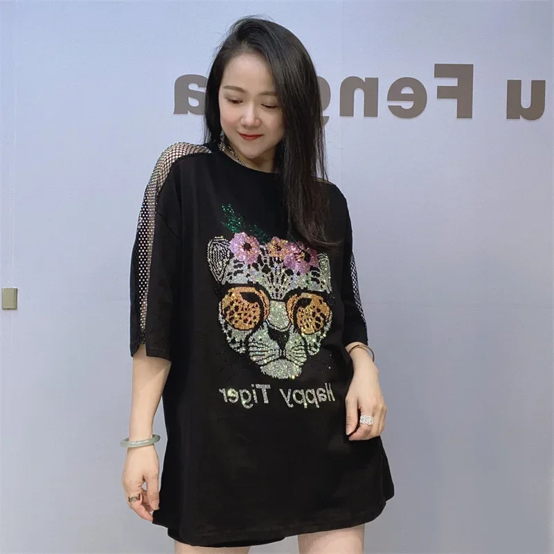 Shiny Tiger Hot Drilling Women Tshirts 2025 New Spring Summer Hollow Out Mesh Half Sleeve Loose Pullover Top Black Casual Tees