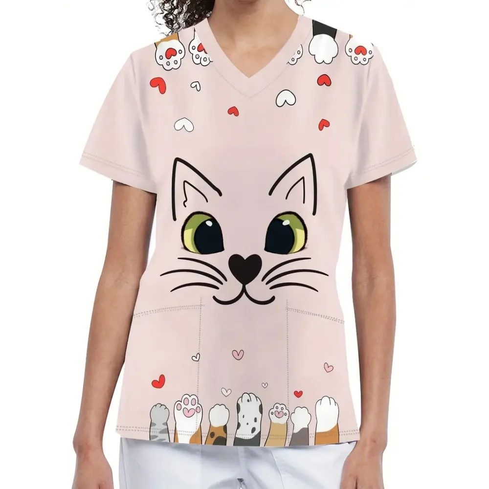 手術服女性かわいい漫画プリント獣医看護師夏のファッション V ネック半袖ポケット付きスクラブ女性トップス