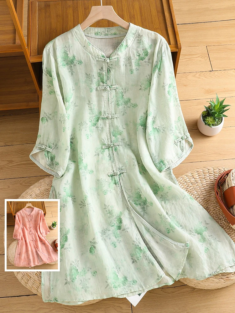 

Artistic Print Cotton Linen irt Long Sve Stand Collar Open Cardigan Big Size Women's Faion Summer Casual Wear