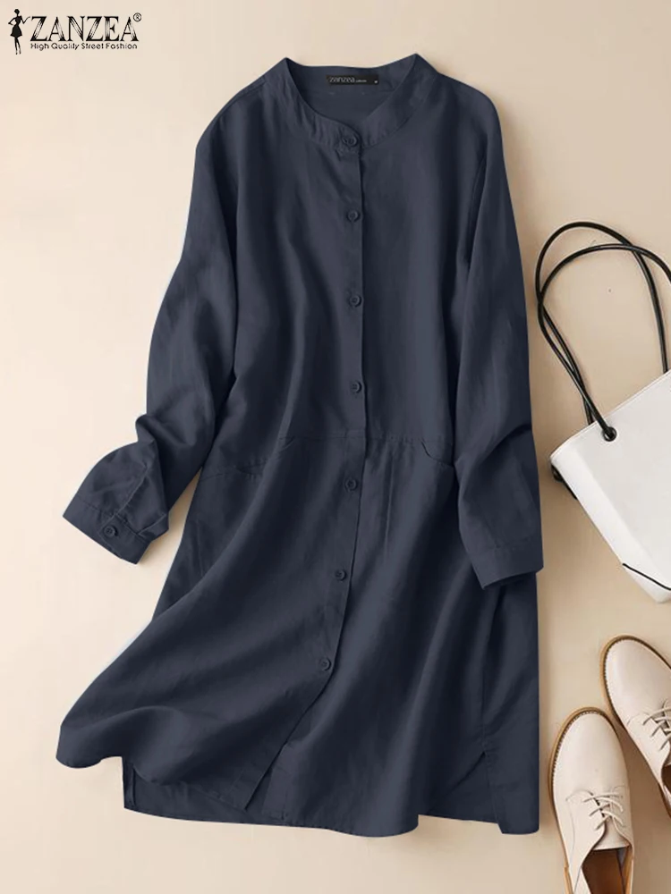 

ZANZEA Woman Fashion OL Work Shirtdress Long Sleeve O-Neck Dresses Elegant Solid Color Sundress Casual Button Cuffs Dress 2024