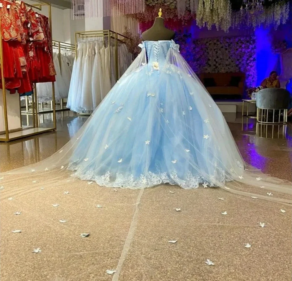 Light Sky Blue Charro Quinceanera Dresses Ball Gown Luxury Appliques Pearls Floor Length Sweet 16 Dresses 15 Anos Hot Sales