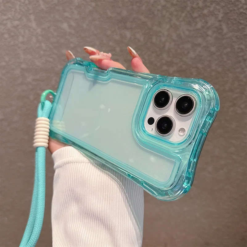 3IN1 Vier-ecke Airbag Anti-Drop Klar Fall Für IPhone 17 16 15 14 Plus 13 12 Pro max 16E Stoßfest Hand Lanyard Schützen Abdeckung