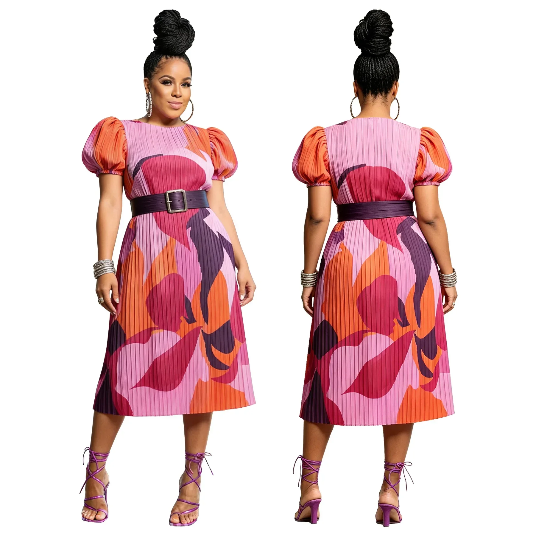 Dress Women Long Dresses Print Floral Vestidos Round Neck Lantern Sleeve Elegant Splice Y2k Streetwear Pleated Work Summer 2026