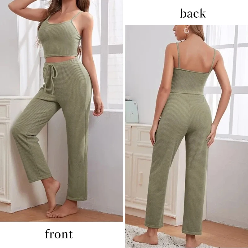 Women\'s Solid Color Knitted Camisole Vest Long Pants and Long Sleeved Cardigan Casual Three Piece Set Casual Set Pajamas