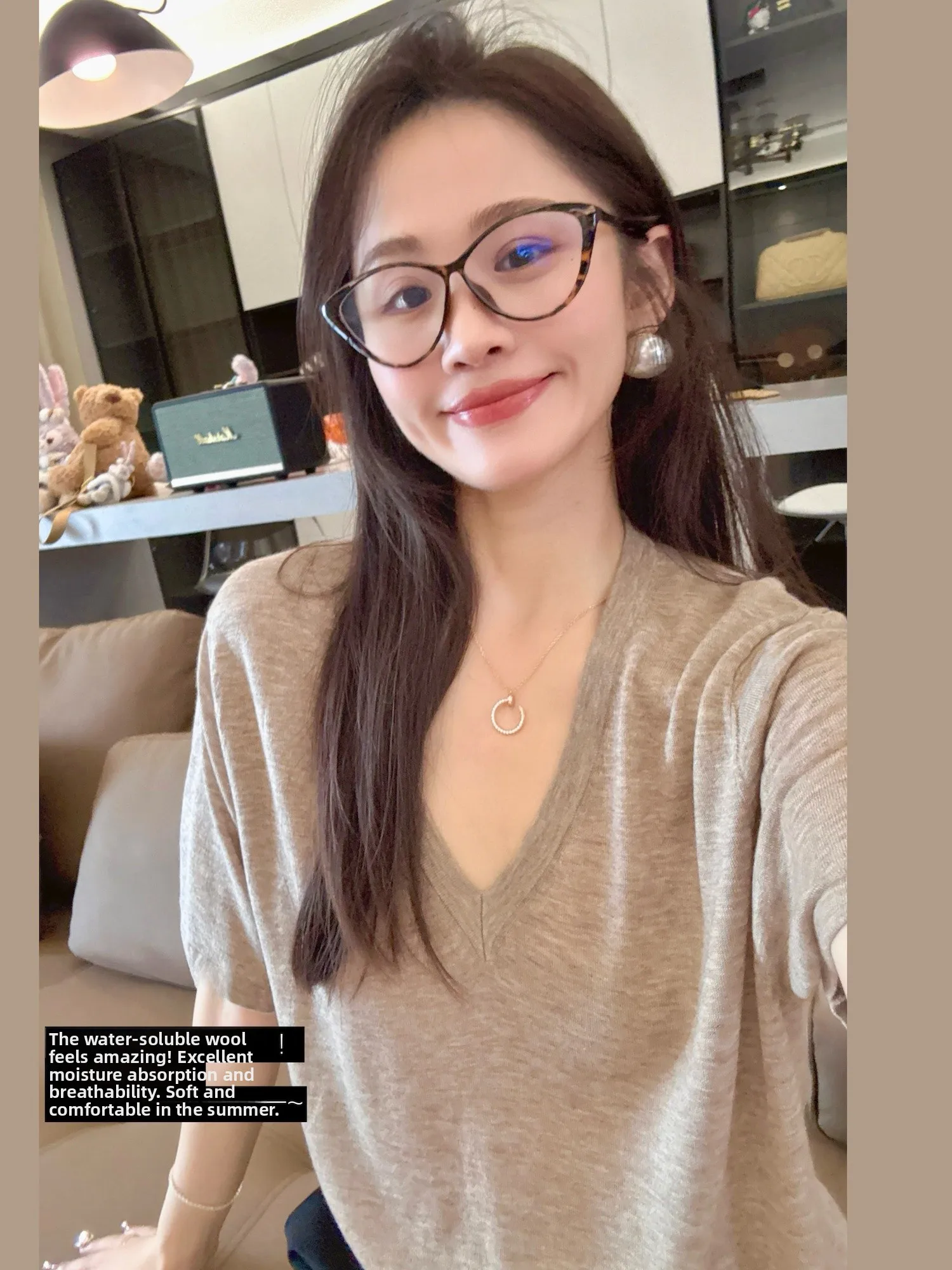 

Chao Soft Water Soluble Wool Loose Fit Summer Knitwear T-irt Women's Casual Sle Pure Color V Ne ort Sve Top