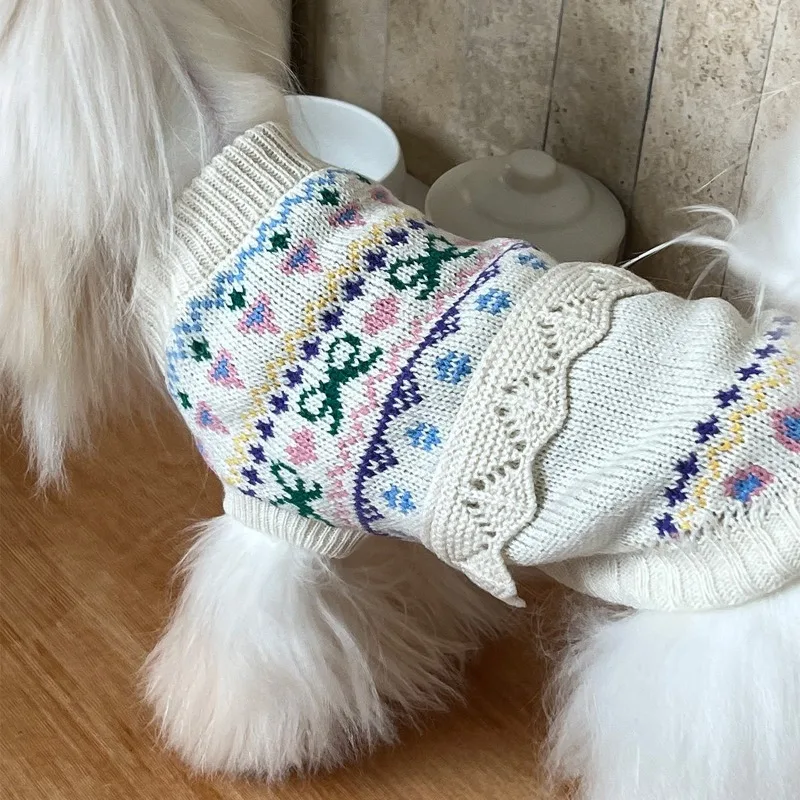 Vintage Floral Knit Pet Turtleneck Sweater Warm Winter Dog Cat Pullover with Lace Trim Cozy Insulated Clothes for Small Pets