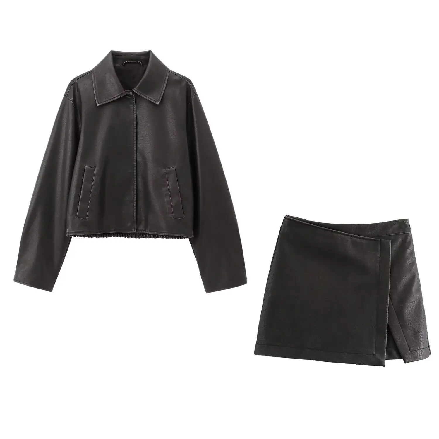 

ETJ Fall/Winter 2024 traf Women's faux leather single breasted casual lapel long sleeve jacket and short culottes suit