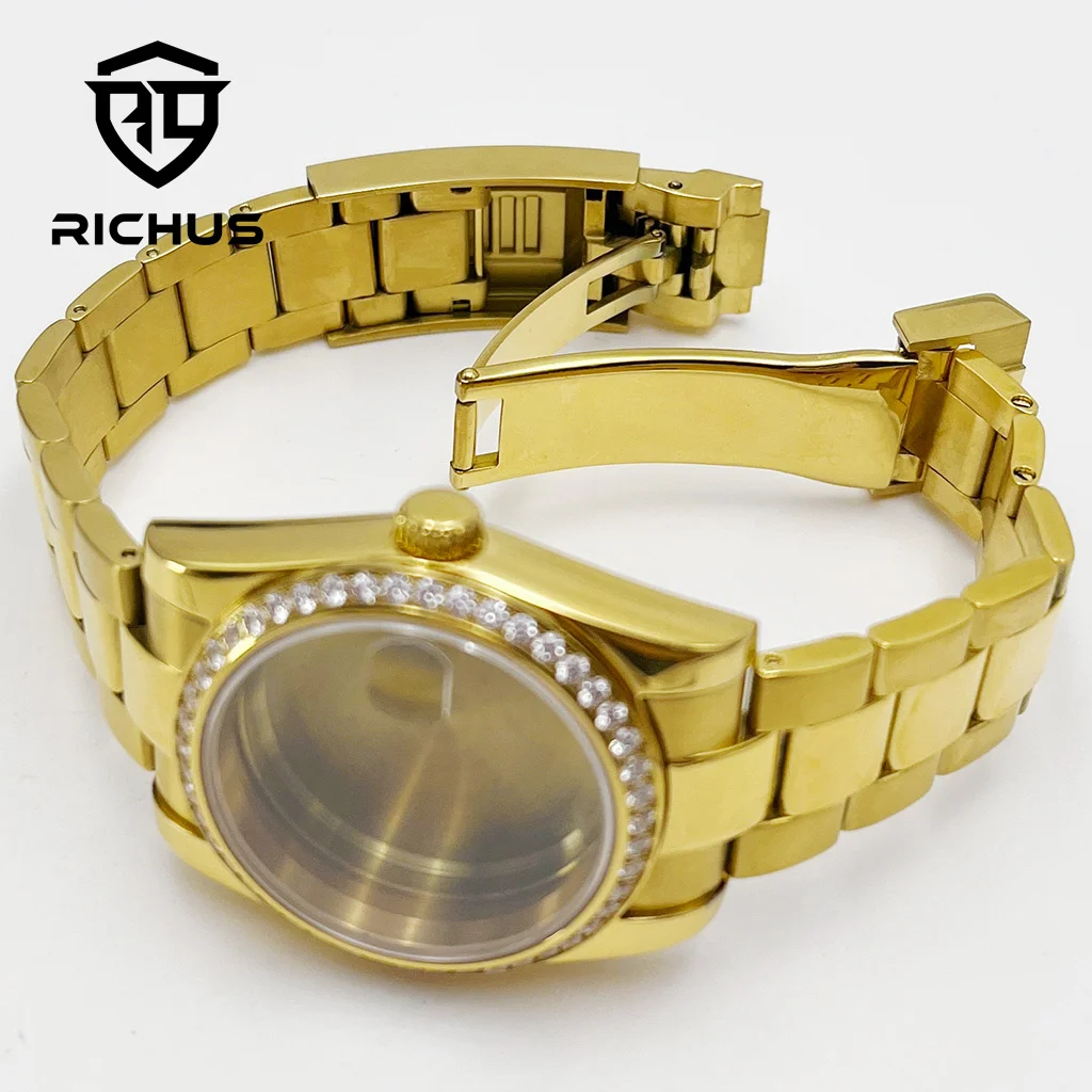 Корпус RICHUS NH35 36 мм 39 мм, золотой корпус для часов, сапфировое стекло, подходит для NH35 NH36 ETA2824 PT5000 Miyota8215-DG, автоматический механизм