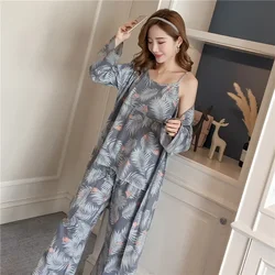 2024 Spring Autumn 3PCS Robes Sets for Women Long Sleeve Print Sleepwear Suit Pajama Bathrobe Homewear Pijama Mujer Home Clothes