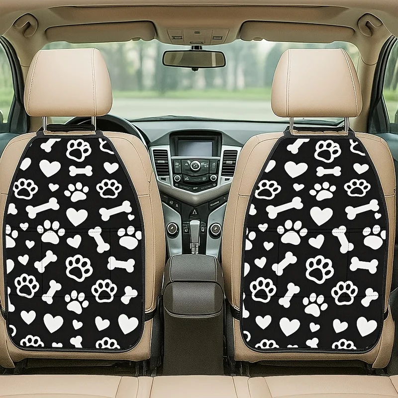 Car Seat Back Covers With Storage Pockets - Dog Paw, Bone & Heart Print For Pet Lovers