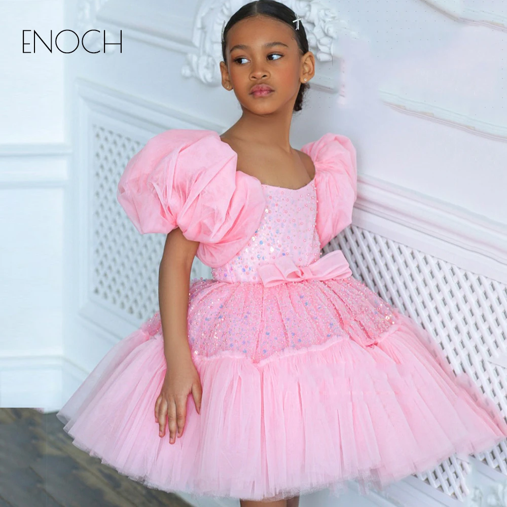 ENOCH Exquisite Flower Girl Dresses New Puff Short Sleeves Scoop Neck Knee Length Sequined Zipper Back Wedding Party Ball Gowns