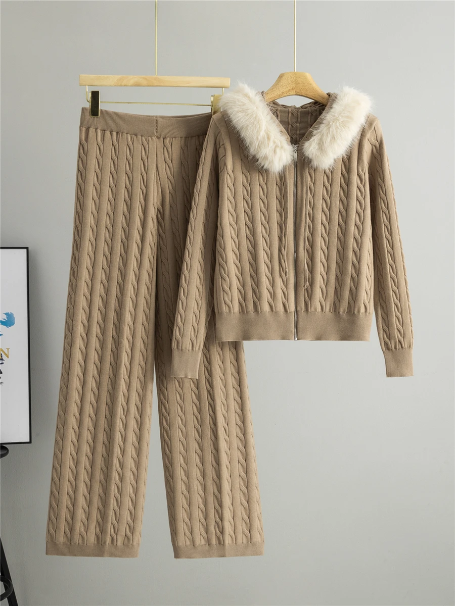 

Spring Autumn 2029 Korean Style Fashionable Knitted Hooded Open Cardigan Wide Leg Pants Set Slimming Elegant Quality Women's ...