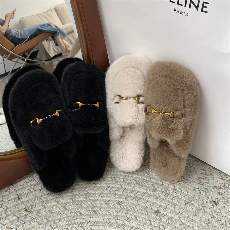 

Winter Warm Plush Mules Women One Band Fur Slippers Cozy Cotton Shoes Woman Flats Cover Toe Fleeces Slides Femme Wool Pantuflas