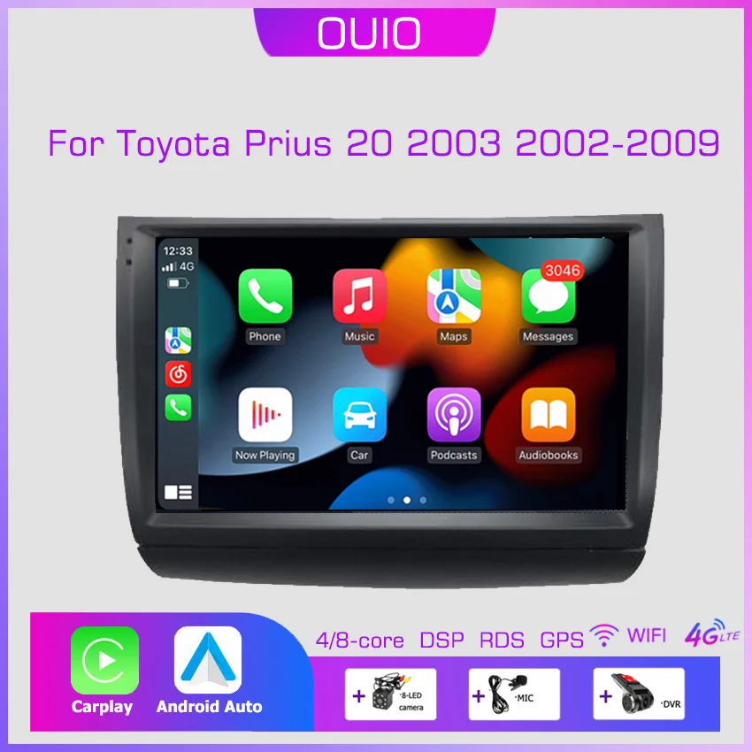 

2din HD IPS 9inch Android10 Car Radio Multimedia Carplay Auto GPS Navigation DSP BT NO DVD For Toyota Prius 20 2003 2002-2009