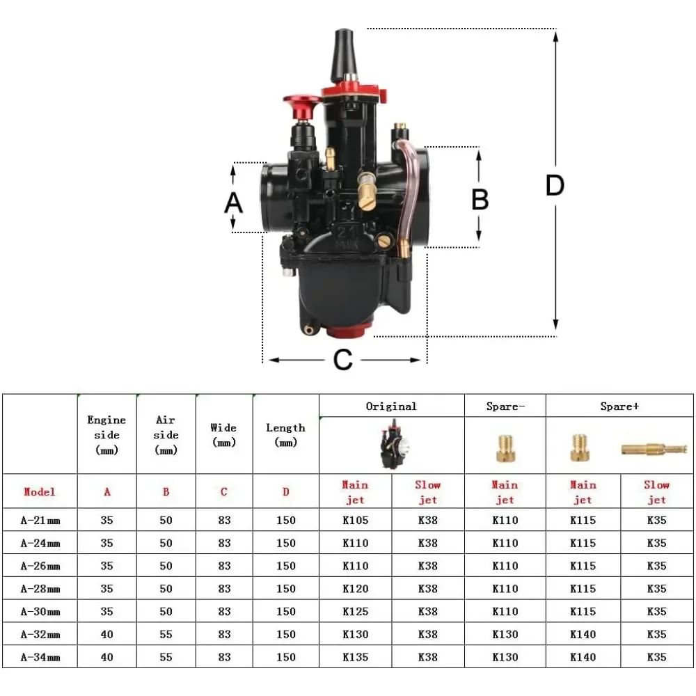 PWK Carburetor 28mm Carb 75cc-125cc 2T 4T Engine Kits for Dirt Bike Motocross Moto With Air Filter Intake Manifold Carb Jets