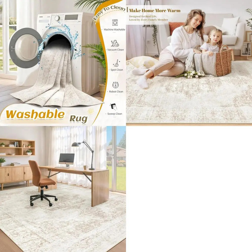 

Моющийся ковер-медальон 8x10: большой винтажный ковер с эффектом состаривания для гостиной, спальни, столовой и детской комнаты (бежевый)