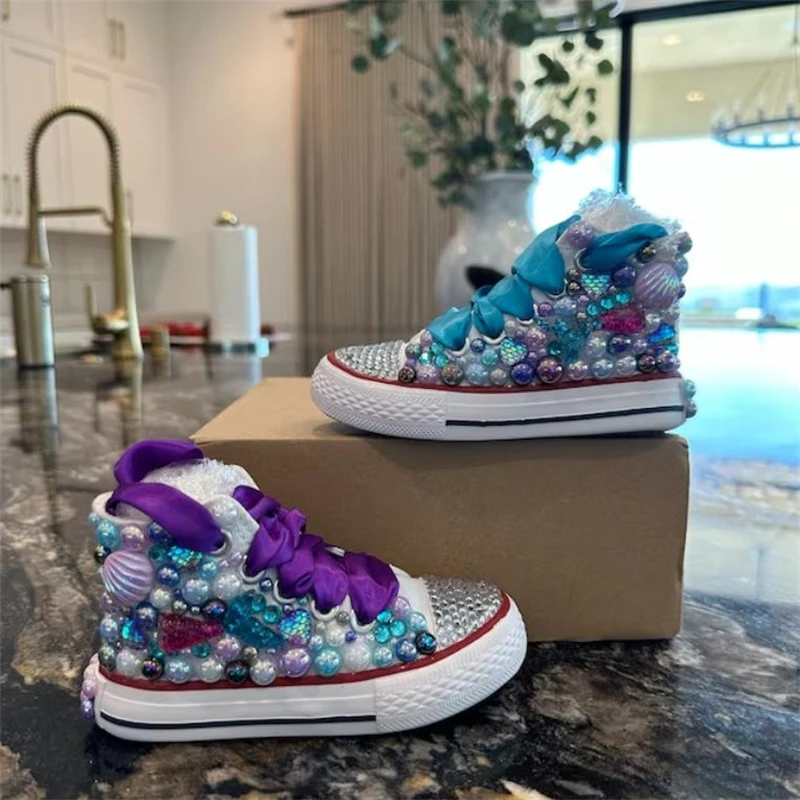 Dollbling Shell Simulation DIY Bling Handmade Shoes Canvas Mermaid Theme Kids High Top Pearls Sneakers Under the Sea Shoes