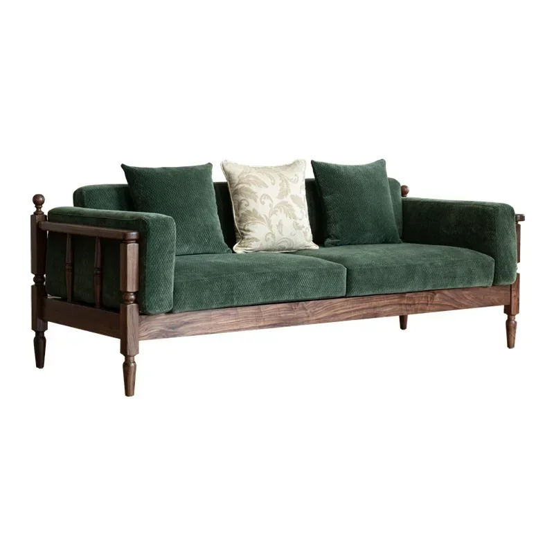 أريكة من الخشب الصلب الاسكندنافي في أمريكا الشمالية، غرفة معيشة من خشب الجوز الأسود، شقة صغيرة تتسع لثلاثة أشخاص، قماش حديث بسيط، أخضر قديم