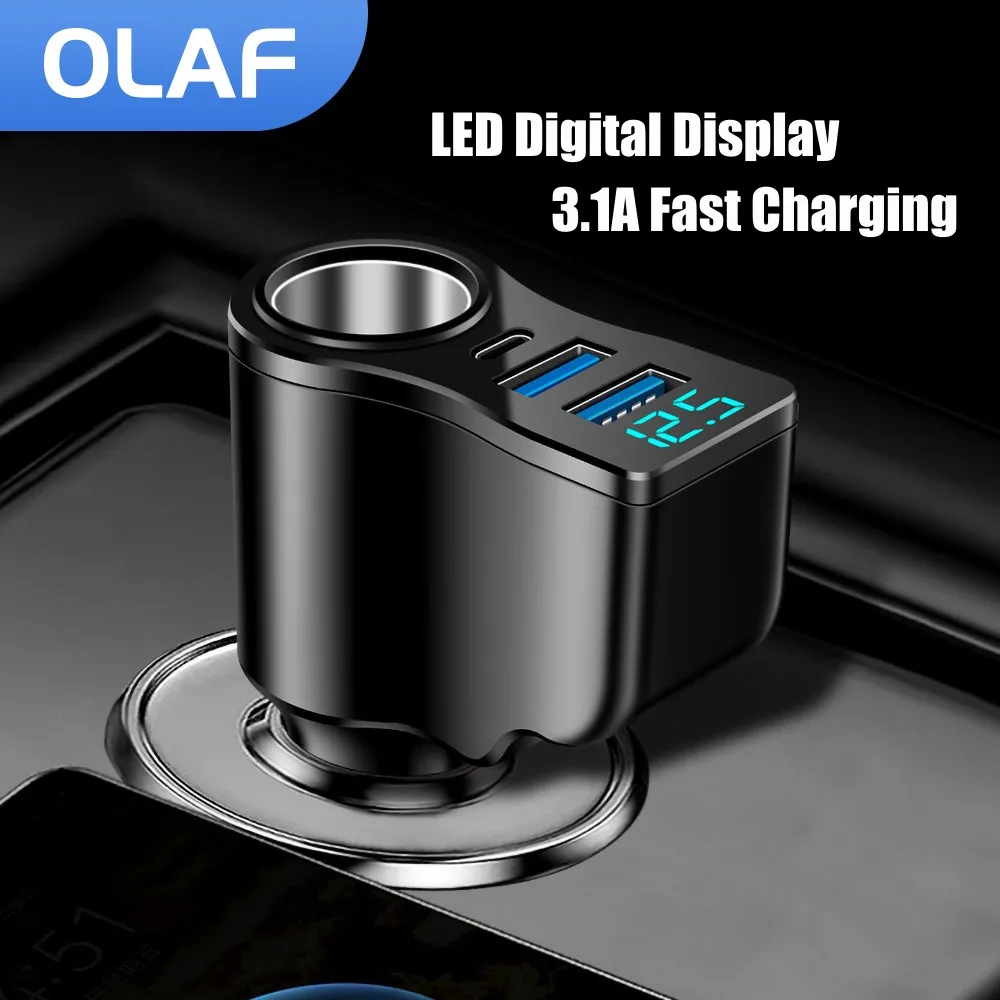 4-in-1 66W Car Charger Fast Charging Digital Display Car Lighter Dual USB Car Phone Charger Adapter for iphone Samsung Xiaomi