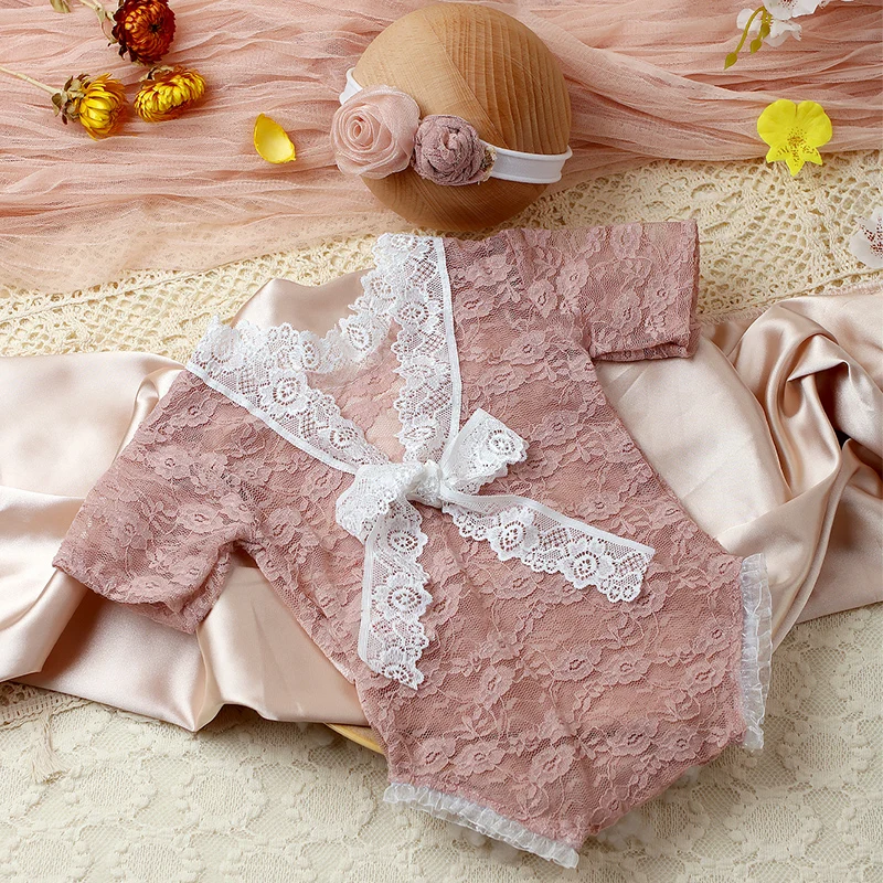 Ylsteed 2 Pieces Set Dusty Pink Newborn Girl Photography Outfits Baby Lace Romper with Bowknot Floral Headband Infant Photo Prop