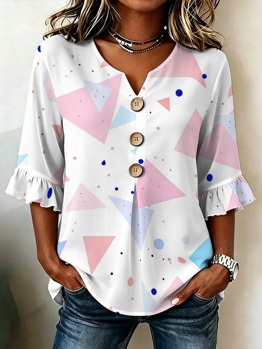 Women Summer Ruffle‑Sleeve V‑Neck Printed Blouse, Minimal Geometric Print Top, Youthful Look for Campus & Fashion Daily
