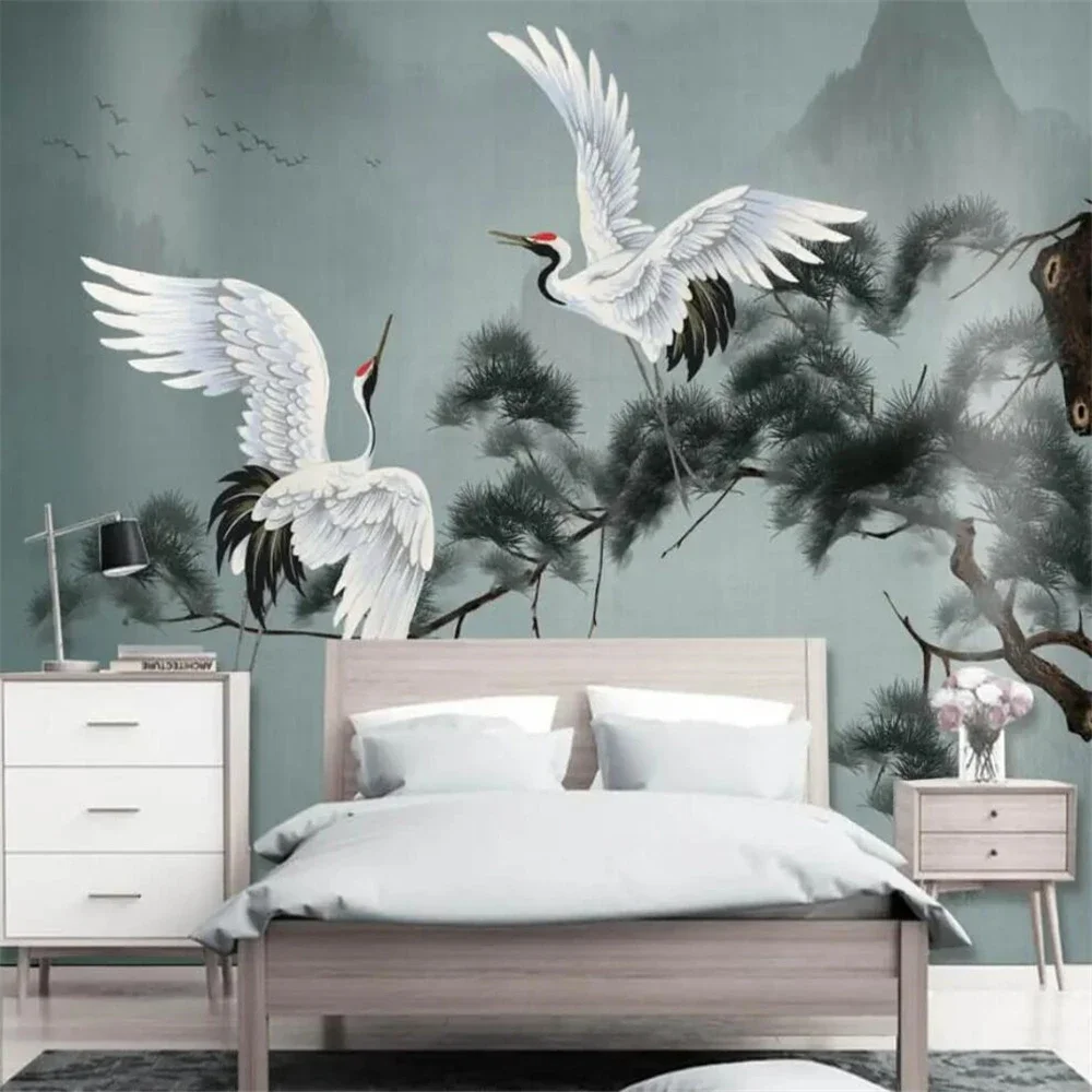 custom Photo Mural Pine Crane Wallpaper for Wall Painting Study wallpapers Living Room Background Home Decor Papel De Parede 3D