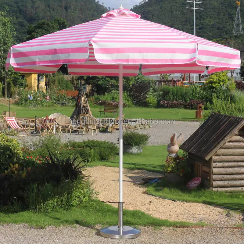 Pink Yellow Blue Striped Parasols Umbrellas Outdoor Luxury Aluminium Market Style Beach Umbrella with Fringe Outdoor for Shop