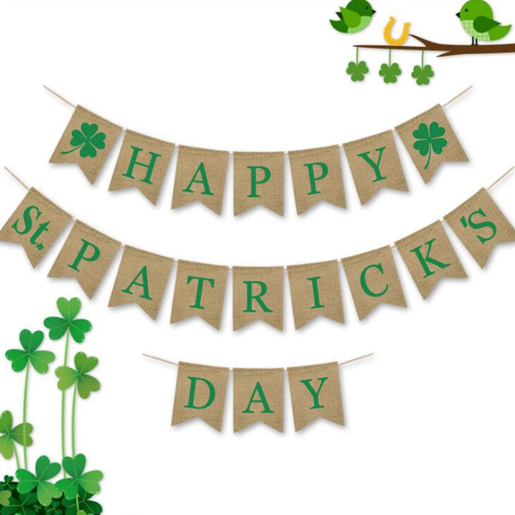 

1pc St Patricks Day Decoration Linen Banner Clover Pattern Party Photo Props Reusable Garland Bunting Shamrock