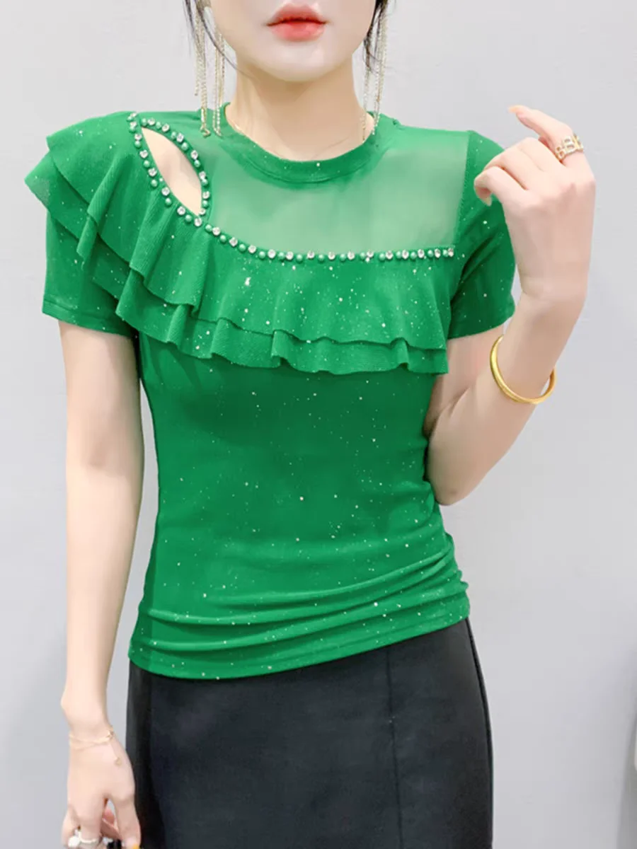 Women's Elegant Beaded Ruffle Round Neck T-Shirt Slim Fit Short Sleeve T Shirts Chic Spring Summer Floral Trim Top
