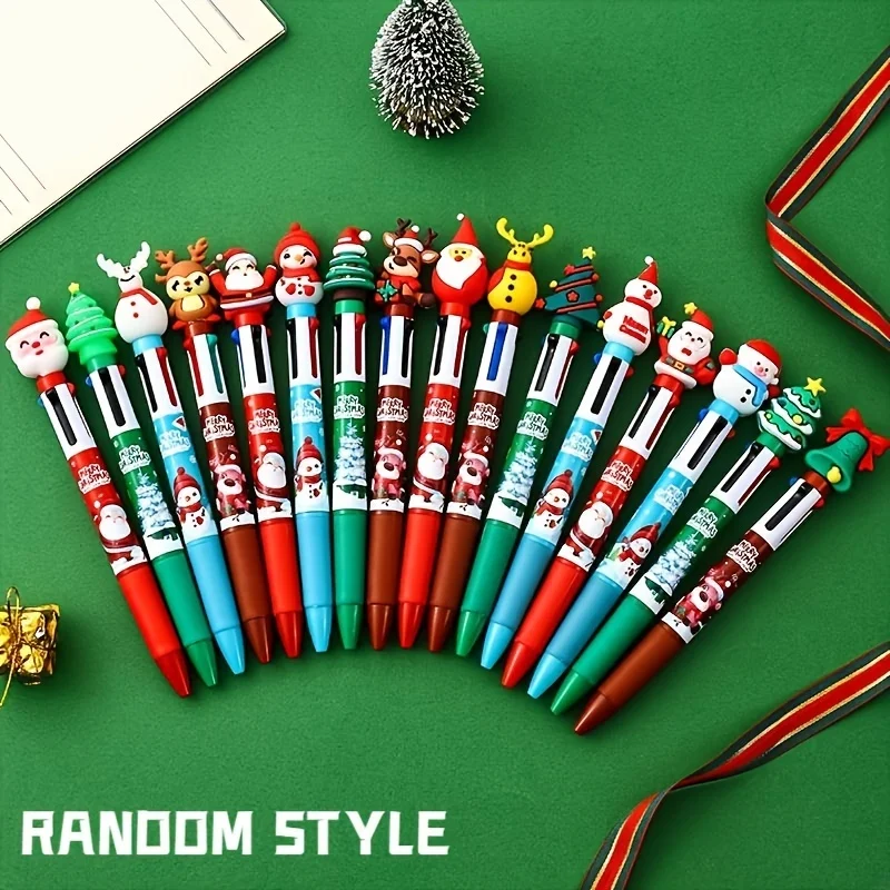 Christmas-Themed Four-Color Ballpoint Pens, 3D Figurines on the Top, Various Styles Randomly Selected, Holiday Gifts, Party Favors, Children's and Student Stationery