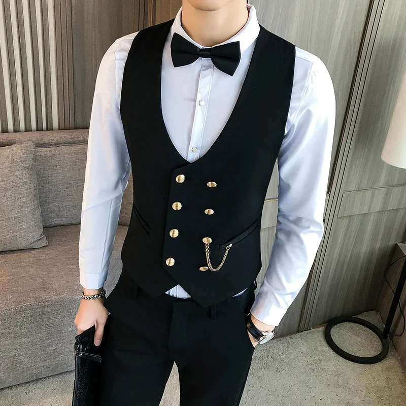 College Style V-neck Men's Vest Casual Service Waistcoat Male Prom Party Disco Clothes Slim Dress Vest Men Tuxedo Gilet Homme