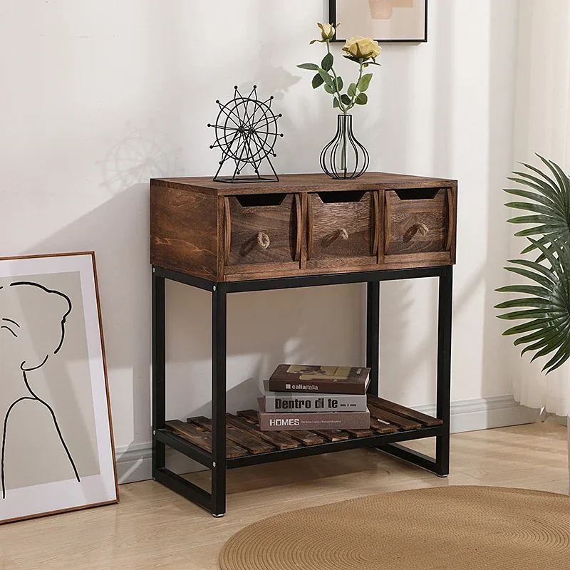 

Vintage Wrought Iron Storage Cabinet with Drawers Solid Wood Table Entryway Cabinets Shelf Style Decoration Cabinet