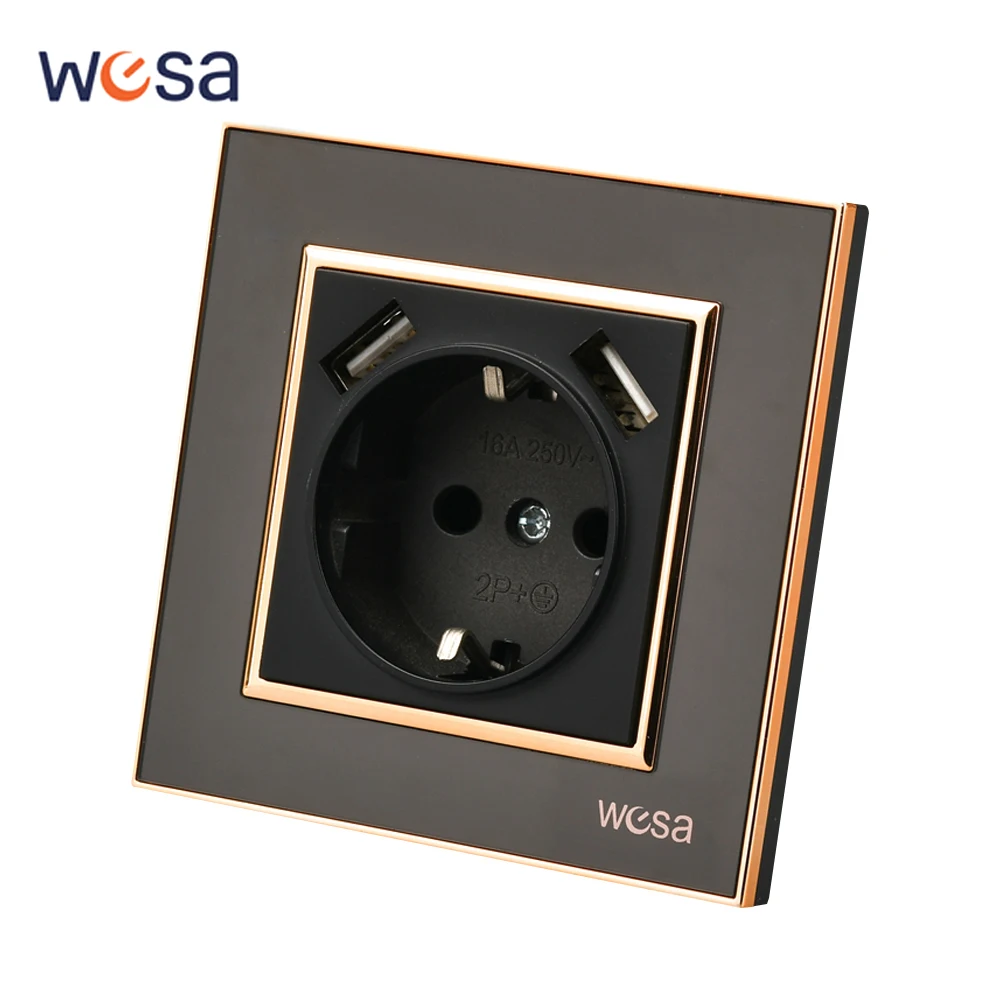 لوحة أكريليك مدمجة على الحائط كلاسيكية سوداء 250 فولت مع مقابس طاقة USB أرضية منافذ كهربائية مثبطات اللهب بمعايير الاتحاد الأوروبي 250 فولت #1