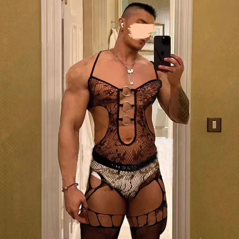 

Rave наряды для мужчин, ажурное боди, эластичные чулки для тела, прозрачный порно костюм, фетиш, нижнее белье, нижнее белье для геев, мужская ночная рубашка