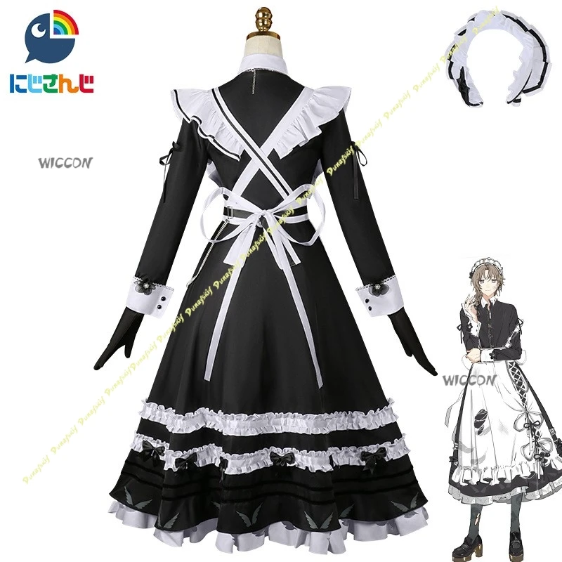 NIJISANJI أزياء تنكرية قاناي فستان خادمة لطيف أسود أبيض بأكمام طويلة ملحقات المئزر ربطة القفازات ربطة العنق عيد الميلاد والهالوين