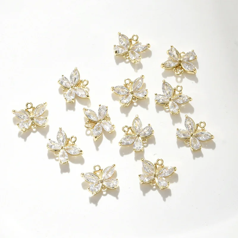 Copper-plated 14k Gold Color Spring Zircon Butterfly Double Pendant DIY Bracelet Necklace Ear Jewelry Pendant Accessories