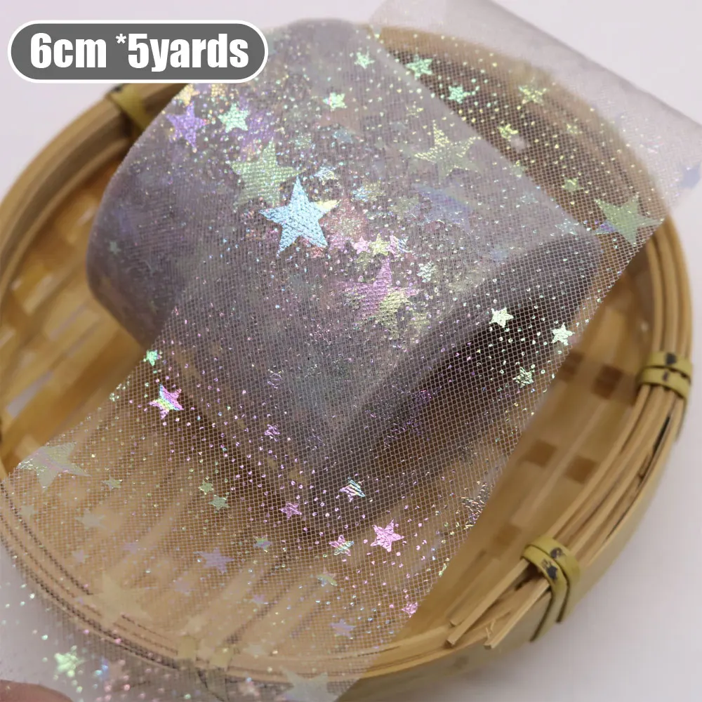 

6cm 5yard Illusory Color Star Mesh Fabric Glitter Tulle Roll Sequin Ribbon Bow Soft Twill Tulle Craft DIY Wedding Birthday Decor