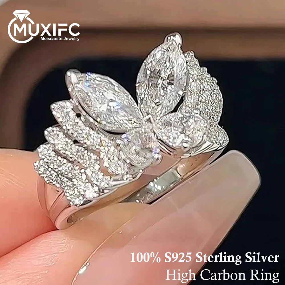 

Luxury Butterfly 100% S925 Sterling Silver Engagement Ring for Women 5A Zircon Multi-layer High Carbon Diamond Wedding Band Gift