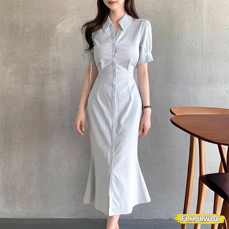 New Design Japan Style Women Chic Korea Basic Wear Casual Office Lady Solid Vintage Long Button Shirt Dress Vestidos