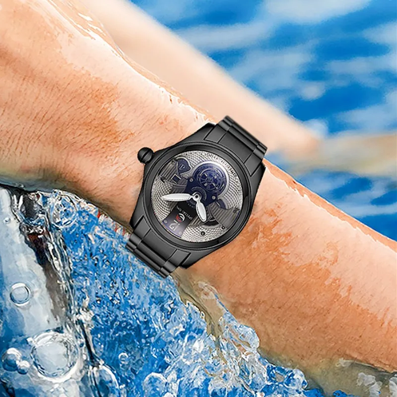 أزياء عارضة 46mm الميكانيكية الرياضية الرجال ووتش للماء حزام ناقل من الفولاذ ريترو تريند رجال الأعمال الساعات