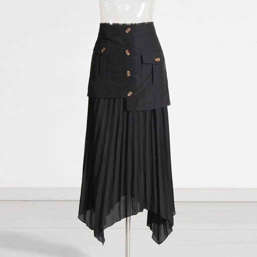 

Elegant Pure Color Splicing Asymmetrical Tassel Pleated Mid-Length Skirt for Women Trendy Autumn New