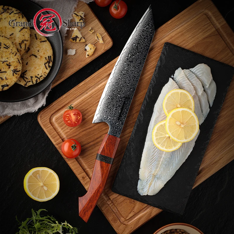Grandsharp pisau Kiritsuke 7.5 inci, pisau Damaskus 67 lapis, pisau baja pisau koki daging dapur dengan Sandal pegangan kayu