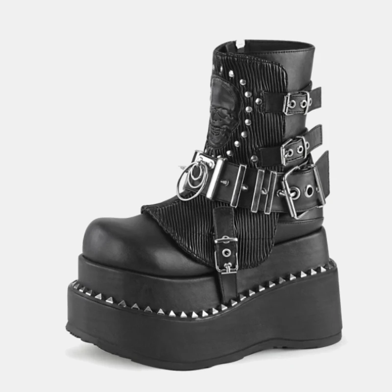 2025 New Punk Style Women Mid Boots Rivet Belt Buckle Wedges Platform Fashion Boots Black Leather Winter 8Cm Heel Shoes Boots